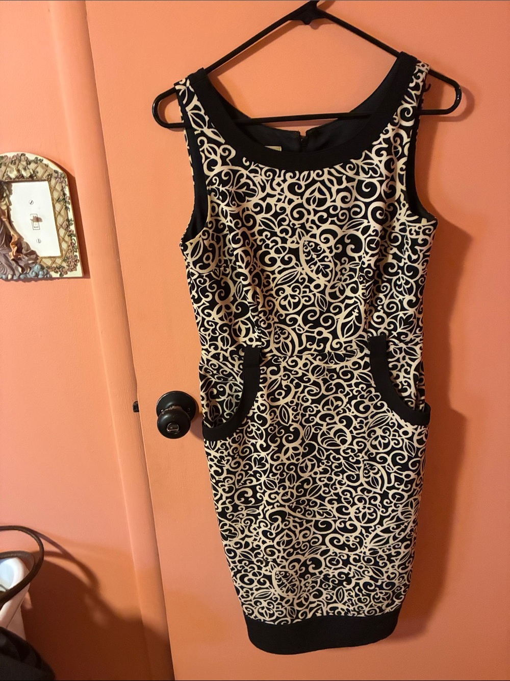 London Times Black and Cream Scroll-Pattern Sheath Dress